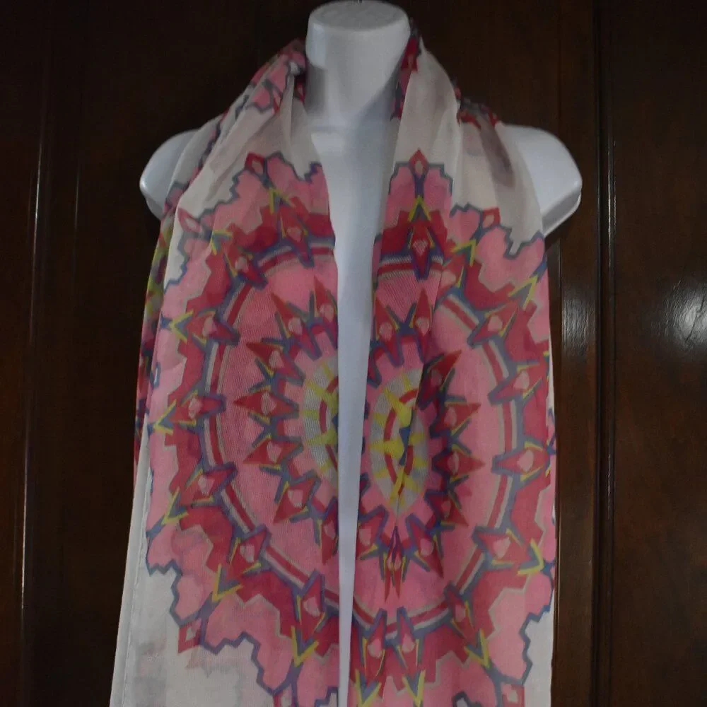 Boho Floral Tassel Scarf Shawl Red Pink White Sheer Lightweight Gypsy Chic